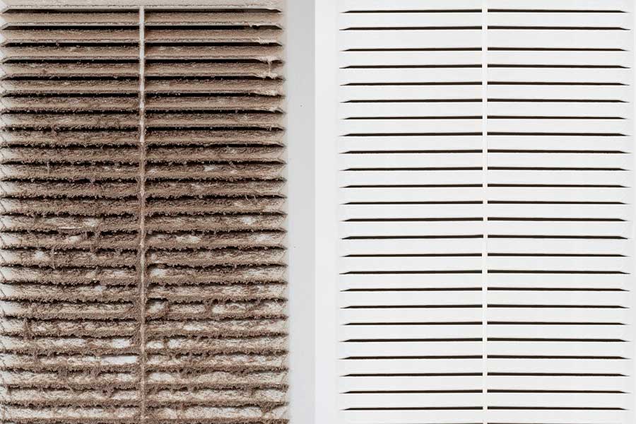 Air duct sealing importance shown by dirty HVAC filter